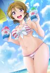  1girl :d bikini bird blue_sky blush breasts brown_hair cleavage cloud day food front-tie_bikini front-tie_top highres holding holding_food kirisaki_reina koizumi_hanayo large_breasts love_live! love_live!_school_idol_project outdoors pink_bikini purple_eyes seagull shaved_ice short_hair sky smile solo striped striped_bikini swimsuit two-tone_bikini white_bikini 