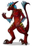  anthro blue_hair digitigrade glistening glistening_eyes hair imperatorcaesar long_ears male mouth_closed nude red_body red_ears red_tail solo striped_arms striped_legs striped_neck stripes yellow_body yellow_stripes 