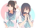  2girls adjusting_hair bangs black_hair blue_eyes blue_hair blue_neckerchief blue_sailor_collar blush closed_eyes closed_mouth hand_in_own_hair hand_up hands_up hibike!_euphonium kasaki_nozomi kitauji_high_school_uniform liz_to_aoi_tori long_hair multiple_girls neckerchief ponytail sailor_collar sawara65 school_uniform serafuku shirt short_sleeves smelling_hair sweatdrop watch white_shirt yoroizuka_mizore 