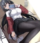  1girl ahoge azur_lane bangs black_hair black_pantyhose black_skirt bottle breasts crossed_bangs glasses holding holding_phone jacket large_breasts long_hair lying off_shoulder official_alternate_costume on_back on_table pantyhose phone pleated_skirt red_eyes red_jacket round_eyewear shigenohara_kitoha shirt skirt table taihou_(azur_lane) taihou_(sweet_time_after_school)_(azur_lane) water_bottle white_shirt 