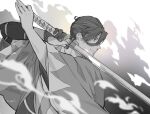  1boy ahoge blurry blurry_foreground closed_mouth fate/grand_order fate_(series) fighting_stance gloves greyscale hair_between_eyes hair_pulled_back haori holding holding_sword holding_weapon japanese_clothes katana kimono looking_ahead male_focus monochrome n_oel partially_fingerless_gloves profile purple_eyes serious shinsengumi short_hair smoke solo spot_color sword upper_body weapon white_background yamanami_keisuke_(fate) 