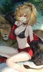  1girl absurdres animal animal_ears arknights arm_up armpits bare_legs bare_shoulders bikini bikini_top_only black_bikini black_choker black_jacket blonde_hair breasts candy choker cleavage cutoffs fangs food halterneck highres ion_(on01e) jacket lion lion_ears lion_girl lion_tail lollipop long_hair long_sleeves looking_at_viewer medium_breasts mouth_hold navel off_shoulder open_clothes open_jacket open_mouth orange_eyes ponytail red_shorts short_shorts shorts siege_(arknights) sitting solo stomach string_bikini swimsuit tail thighs 