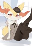  1girl :&lt; absurdres animal_ear_fluff animal_ears animal_feet animal_hands animal_nose artist_name black_fur black_ribbon blush body_fur braixen brown_headwear closed_mouth clothed_pokemon commentary dress feet flat_chest fox_ears fox_girl fox_tail frilled_dress frills furry furry_female grey_dress hat highres indoors kneepits leaning_back legs_up looking_at_viewer multicolored_fur natsumiko neck_ribbon pokemon pokemon_(creature) red_eyes ribbon short_dress signature sitting sleeveless sleeveless_dress solo tail tilted_headwear twitter_username white_fur window yellow_fur 