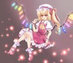  1girl :d ascot blonde_hair bobby_socks collared_shirt crystal flandre_scarlet frilled_shirt_collar frilled_skirt frilled_sleeves frills full_body glowing glowing_wings hair_between_eyes hat hat_ribbon highres kmy0318 looking_at_viewer mary_janes medium_hair mob_cap multicolored_wings open_mouth puffy_short_sleeves puffy_sleeves red_eyes red_footwear red_ribbon red_skirt red_vest ribbon shirt shoes short_sleeves side_ponytail simple_background skirt skirt_set smile socks solo touhou vest white_headwear white_shirt white_socks wings yellow_ascot 