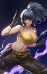  1girl abs absurdres bare_arms bare_shoulders belt black_gloves blue_eyes blue_hair breasts camouflage camouflage_pants cleavage clenched_hand collarbone commentary_request crop_top dog_tags earrings fighting_stance gloves highres hua-j jewelry large_breasts leona_heidern midriff navel pants pocket ponytail pouch purple_background sleeveless snk solo sports_bra stomach the_king_of_fighters the_king_of_fighters_xv toned triangle_earrings 