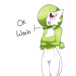  2021 4_fingers :3 arms_under_breasts breasts cleavage clothed clothing crossed_arms dialogue english_text female fingers gardevoir green_hair hair hi_res humanoid medium_breasts nintendo not_furry open_mouth pearboy-ooh pok&eacute;mon pok&eacute;mon_(species) red_eyes simple_background solo text video_games white_background 