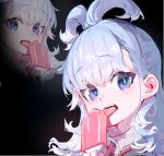  1girl bangs blue_eyes blue_hair blush food highres hololive hololive_indonesia kobo_kanaeru licking looking_at_viewer multicolored_hair multiple_views old_metal_666 open_mouth popsicle portrait streaked_hair tongue tongue_out virtual_youtuber white_hair 
