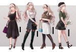  1girl absurdres alternate_costume bag bangs beret black_dress blouse blush boots bracelet breasts collarbone corrin_(fire_emblem) corrin_(fire_emblem)_(female) dress fire_emblem fire_emblem_fates flower full_body hair_ornament hairband hand_up handbag hat high_heels highres holding jewelry long_hair looking_at_viewer medium_breasts multiple_views necklace open_mouth pantyhose parted_lips pleated_skirt pointy_ears red_eyes shirt shoes short_sleeves simple_background skirt smile soba_rkgk solo standing thigh_boots toeless_footwear watch white_hair wristwatch 