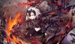  1girl armor armored_dress bangs black_dress black_thighhighs breasts chain collar dress fate/grand_order fate_(series) faulds fire flag gabiran gauntlets grey_hair headpiece highres jeanne_d&#039;arc_alter_(avenger)_(fate) jeanne_d&#039;arc_alter_(fate) large_breasts looking_at_viewer metal_collar open_mouth plackart polearm short_hair solo sword thighhighs thighs weapon yellow_eyes 
