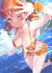  1girl ahoge bangs bikini birthday blue_sky blush braid breasts cleavage cloud cloudy_sky collarbone commentary facial_tattoo grin heart heart_tattoo jewelry kitahara_tomoe_(kitahara_koubou) large_breasts looking_at_viewer love_live! love_live!_sunshine!! necklace one_eye_closed orange_bikini orange_hair orange_scrunchie red_eyes scrunchie short_hair sky smile swimsuit takami_chika tattoo twin_braids twitter_username wrist_scrunchie 