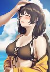  1girl 3_small_spiders absurdres bikini black_hair closed_eyes cloud front-tie_bikini front-tie_top girls&#039;_frontline hair_ornament hair_scrunchie hand_on_another&#039;s_head headpat highres jacket long_hair low_twintails multicolored_hair ocean off_shoulder open_clothes open_jacket out_of_frame own_hands_together ro635_(girls&#039;_frontline) scrunchie smile streaked_hair swimsuit twintails upper_body white_hair yellow_jacket 