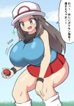  1girl black_wristband blue_shirt blue_socks breasts brown_eyes brown_hair bucket_hat commentary_request hair_flaps hat highres huge_breasts jaga334 leaf_(pokemon) long_hair loose_socks pleated_skirt pokemon pokemon_(game) pokemon_frlg red_skirt shirt skirt sleeveless sleeveless_shirt socks solo squatting translation_request white_headwear wristband 