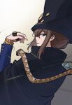  1girl androgynous blue_eyes blue_jacket boogieleo5 boogiepop boogiepop_(character) brown_hair cloak coat gradient_background hat jacket long_sleeves looking_at_viewer looking_back school_uniform serafuku short_hair smile solo strap string thread wire 