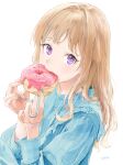  1girl artist_name bangs blue_hair blue_nails blue_shirt blush doughnut eating esc1_2d food food_in_mouth hands_up highres himehina_channel holding holding_food jewelry lace_trim light_brown_hair long_hair long_sleeves looking_at_viewer mouth_hold multicolored_hair purple_eyes ring shadow shirt simple_background solo streaked_hair suzuki_hina upper_body virtual_youtuber white_background 