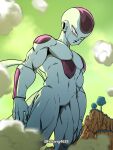  1boy absurdres black_lips closed_mouth dragon_ball dragon_ball_z expressionless frieza green_sky highres horang4628 male_focus namek red_eyes sky smoke solo standing tail twitter_username 