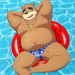  2022 anthro belly big_belly blush brown_body brown_fur eyes_closed eyewear fur glasses hi_res kemono lifewonders lying male mammal moobs navel overweight overweight_male solo tokyo_afterschool_summoners ursid video_games volos water yaki_atsuage 