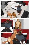  5_fingers abs anthro bed bedroom bedroom_eyes black_penis blonde_hair brown_body brown_fur brown_hair butt butt_grab camera canid canine canis clothed clothing clothing_lift comic dialogue dobermann domestic_dog dream_and_nightmare ear_piercing eyes_closed facial_hair felid fingers fur furniture gauged_ear genitals group hair hand_on_butt hands_behind_head hi_res humanoid_genitalia humanoid_penis imminent_sex kissing lagomorph leporid male male/male mammal multicolored_body multicolored_fur muscular muscular_anthro muscular_male muscular_thighs narrowed_eyes night_(dream_and_nightmare) nipples nude pantherine pecs penis piercing pinscher porn_studio rabbit rex_(dream_and_nightmare) rick_(dream_and_nightmare) seductive shirt shirt_lift smile sofa speech_bubble stage_lights striped_body striped_fur stripes studio thought_bubble tiger tight_clothing topwear trio 