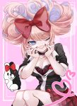  1girl absurdres alternate_hairstyle bangs black_bra black_shirt bow bra breasts cleavage danganronpa:_trigger_happy_havoc danganronpa_(series) enoshima_junko grey_necktie hair_bow hair_up heart highres kneehighs long_hair looking_at_viewer miniskirt monokuma murasaki_(deceive138) nail_polish necktie one_eye_closed pink_background pleated_skirt purple_eyes red_bow red_nails red_skirt shirt skirt smile socks twintails underwear 