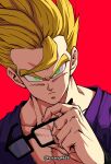  1boy absurdres closed_mouth dragon_ball dragon_ball_super dragon_ball_super_super_hero dutch_angle glasses green_eyes highres horang4628 looking_at_viewer male_focus red_background removing_eyewear serious simple_background solo son_gohan super_saiyan super_saiyan_1 twitter_username upper_body 