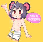  1girl animal_ears bakedmandible bangs bloomers blush cookie_(touhou) cowboy_shot english_text flat_chest grey_hair highres kofji_(cookie) looking_at_viewer mouse_ears mouse_girl navel nazrin nipples open_mouth red_eyes short_hair smile solo touhou underwear white_bloomers yellow_background 