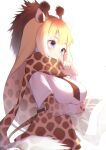  1girl akuma_(st.takuma) animal_ear_fluff animal_ears arm_under_breasts bangs black_necktie blonde_hair breasts brown_hair chromatic_aberration commentary finger_to_mouth from_side giraffe_ears giraffe_horns giraffe_print highres horns kemono_friends large_breasts layered_sleeves long_hair long_sleeves looking_away multicolored_hair necktie print_scarf print_skirt print_sleeves reticulated_giraffe_(kemono_friends) scarf short_over_long_sleeves short_sleeves simple_background skirt solo two-tone_hair very_long_hair white_background 