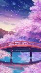  arch_bridge architecture branch bridge cherry_blossoms cloud commentary_request east_asian_architecture evening falling_petals full_body highres inuyasha moon mountain no_humans outdoors petals reflection reflective_water scenery sky sunset tree water xi_chen_chen 