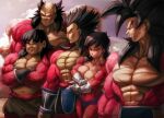  1girl 3boys abs absurdres bardock body_fur dragon_ball dragon_ball_super dragon_ball_z elite_nappa highres large_pectorals monkey_boy monkey_tail multiple_boys muscular muscular_male panbukin_(dragon_ball) pectorals red_fur saiyan saiyan_armor seripa super_saiyan super_saiyan_4 tail toma_(dragon_ball) topless_male toteppo 