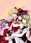  3girls ascot back_bow black_gloves black_skirt black_vest blonde_hair bow brown_eyes brown_hair closed_mouth commentary_request detached_sleeves dress fingerless_gloves flandre_scarlet frilled_bow frilled_hair_tubes frilled_sleeves frills frown girl_sandwich gloves hair_between_eyes hair_bow hair_tubes hakurei_reimu hand_on_another&#039;s_shoulder heart highres kirisame_marisa medium_hair mito_(fate) multicolored_wings multiple_girls no_hat no_headwear puffy_short_sleeves puffy_sleeves red_bow red_dress red_eyes red_shirt ribbon-trimmed_sleeves ribbon_trim sandwiched shirt short_sleeves simple_background skirt sleeveless sleeveless_shirt smile touhou vest white_bow white_shirt wings yellow_ascot yellow_eyes 
