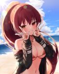  1girl :d absurdres bangs bare_shoulders beach bikini bikini_under_clothes black_jacket blue_sky blush breasts brown_eyes cleavage cloud collarbone day double_v heterochromia highres hololive houshou_marine ineka_ka jacket jewelry large_breasts long_hair long_sleeves looking_at_viewer navel necklace ocean off_shoulder open_clothes open_jacket outdoors parted_lips ponytail red_bikini red_eyes red_hair sky smile solo stomach swimsuit v very_long_hair virtual_youtuber water 