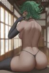  1girl absurdres artist_name ass bare_back black_choker black_gloves black_panties black_thighhighs blurry blurry_background blush breasts choker commentary cowboy_shot dark-skinned_female dark_skin elbow_gloves english_commentary gloves green_eyes green_hair half-closed_eyes hand_up highleg highleg_panties highres looking_at_viewer looking_back median_furrow medium_breasts one-punch_man oroborus panties short_hair shoulder_blades sideboob sitting solo tatsumaki thighhighs underwear 