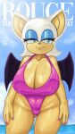  anthro bat_wings big_breasts breasts chiropteran cleavage clothed clothing dindin_(artist) english_text eyeshadow female hi_res huge_breasts makeup mammal membrane_(anatomy) membranous_wings one-piece_swimsuit rouge_the_bat sega smile solo sonic_the_hedgehog_(series) swimwear text wings 