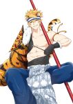  1boy abs absurdres animal_ears animal_print armor bara black_gloves blonde_hair covered_abs gloves grin headband highres igote invisible_chair kiazu114 looking_at_viewer male_focus no_shirt orange_eyes original pectorals short_hair shoulder_armor sitting smile staff tail tiger_ears tiger_print tiger_tail 