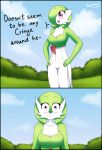  2021 2koma absurd_res big_pupils black_border border breasts cleavage clothed clothing comic dialogue dilated_pupils english_text female frown gardevoir green_hair hair hair_over_eye hands_on_hips hi_res humanoid judging_you looking_at_viewer medium_breasts nintendo not_furry one_eye_obstructed open_mouth pearboy-ooh pok&eacute;mon pok&eacute;mon_(species) pupils red_eyes simple_background solo text video_games 