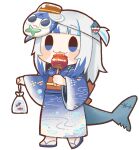  1girl :3 :p adapted_costume bag bagged_fish bangs blood blue_eyes blue_hair blunt_bangs blush_stickers candy_apple character_mask chibi commentary fish fish_tail food full_body gawr_gura hololive hololive_english japanese_clothes kimono long_hair mask mask_on_head multicolored_hair obi same_anko sash shark_tail solo streaked_hair tail tongue tongue_out transparent_background two-tone_hair two_side_up virtual_youtuber walking white_hair wide_sleeves zouri 