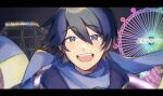  1boy :d amusement_park blue_eyes blue_hair blue_scarf coat dark_blue_hair ferris_wheel happy highres ka_ice_ha kaito_(vocaloid) looking_at_viewer male_focus night outdoors positive_parade_(vocaloid) roller_coaster scarf short_hair smile solo teardrop vocaloid 