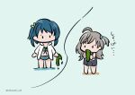  2girls ahoge aizawa_kazuha aqua_background arms_at_sides assault_lily bangs bare_arms bare_legs bare_shoulders barefoot bikini blue_bikini blue_hair blue_scrunchie chibi commentary eating floral_print food food_in_mouth front-tie_bikini front-tie_top green_ribbon grey_hair grey_swimsuit hair_ornament hair_ribbon hair_scrunchie hands_up highres holding holding_food kabayaki_(kabayaki_eel) kelp long_hair long_sleeves looking_at_another looking_away multicolored_hair multiple_girls no_mouth official_alternate_costume official_alternate_hairstyle one_side_up open_clothes open_shirt print_bikini ribbon sand sasaki_ran school_swimsuit scrunchie shirt short_hair solid_oval_eyes stab streaked_hair swimsuit swimsuit_cover-up translated twitter_username wading water water_drop white_shirt 