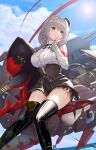  1girl absurdres adapted_turret azur_lane belt black_headwear black_skirt boots braid breast_pocket breasts cannon cloud cloudy_sky corset cowboy_shot cross day drill_locks grey_hair hat highlanderz2066 highres holding holding_toy iron_cross large_breasts leather leather_boots long_hair lutzow_(azur_lane) machinery mechanical_dragon mini_hat ocean pocket red_nails shirt skirt sky stuffed_animal stuffed_shark stuffed_toy sun sunlight thigh_boots thighhighs toy turret water whale white_shirt 