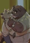  2022 absurd_res anthro belly big_belly blush bottomwear brown_body canid canine clothing duo embrace eyewear glasses hi_res hug humanoid_hands kemono kissing male male/male mammal overweight overweight_male pants shirt tachiuo topwear ursid 