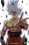  1boy absurdres closed_mouth dragon_ball dragon_ball_super highres horang4628 male_focus muscular muscular_male rock sash serious solo son_goku spiked_hair topless_male torn_clothes ultra_instinct white_eyes white_hair 