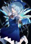  1girl arms_up bangs black_background blue_bow blue_dress blue_eyes blue_hair bow bowtie cirno closed_mouth collared_shirt commentary_request dress eyes_visible_through_hair flying food grey_shirt hair_between_eyes hands_up highres ice ice_cream ice_wings juliet_sleeves kerok_(joniko1110) light long_sleeves looking_at_viewer no_shoes pointy_ears puffy_long_sleeves puffy_sleeves red_bow red_bowtie shirt short_hair smile socks solo tongue tongue_out touhou white_socks wings 