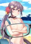  akebono_(kancolle) bag bell bikini black_choker blush choker closed_mouth collarbone crossed_arms flat_chest flower grey-framed_eyewear hair_bell hair_flower hair_ornament jingle_bell kanden_sky kantai_collection long_hair looking_at_viewer low_ponytail navel nipples pov purple_bikini purple_eyes purple_hair red_flower shoulder_bag swimsuit very_long_hair x-ray_glasses x-ray_vision 