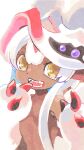  1girl brown_eyes chachi_(azuzu) claws commentary_request cosplay dark-skinned_female dark_skin dot_mouth faputa fewer_digits hands_up helmet looking_at_viewer made_in_abyss multiple_sources nanachi_(made_in_abyss) nanachi_(made_in_abyss)_(cosplay) open_mouth short_hair_with_long_locks simple_background solo topless upper_body white_background white_fur white_hair 