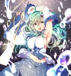  1girl alternate_breast_size armpits arms_up blue_skirt breasts cowboy_shot detached_sleeves frog_hair_ornament gohei green_hair grey_background hair_between_eyes hair_ornament hair_tubes highres holding holding_stick ichizen_(o_tori) kochiya_sanae large_breasts long_hair navel open_mouth shirt skirt sleeveless sleeveless_shirt snake_hair_ornament solo stick touhou white_shirt 