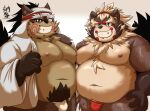  2022 anthro asian_clothing belly big_belly blush brown_body brown_fur canid canine clothing duo east_asian_clothing fundoshi fur goemon_(tas) hi_res humanoid_hands japanese_clothing kemono lifewonders male mammal momochi_sandayuu moobs navel ninja nipples one_eye_closed overweight overweight_male raccoon_dog red_clothing red_fundoshi red_underwear sengoku_puzzle tanuki tokyo_afterschool_summoners underwear video_games warrior white_clothing white_fundoshi white_underwear wink yamatoji201 