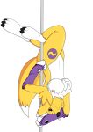  absurd_res anthro armwear bandai_namco black_sclera breasts canid canine clothing dancing digimon digimon_(species) exposed_breasts female fox hi_res looking_at_viewer mammal midnightmeowth pole pole_dancing renamon solo upside_down 