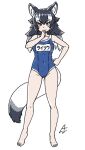  1girl acesrulez alternate_costume animal_ears bare_legs bare_shoulders barefoot blue_eyes blue_swimsuit blush commentary_request full_body grey_hair grey_wolf_(kemono_friends) hand_on_own_chin heterochromia kemono_friends long_hair looking_at_viewer midriff multicolored_hair name_tag navel one-piece_swimsuit school_swimsuit solo swimsuit tail translation_request white_hair wolf_ears wolf_girl wolf_tail yellow_eyes 