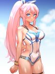  1girl blue_eyes blue_sky blue_swimsuit breasts closed_mouth cloud covered_navel day folks_(nabokof) long_hair looking_at_viewer medium_breasts one-piece_swimsuit pink_hair ponytail shionne_(tales) sky solo swimsuit tales_of_(series) tales_of_arise thighs two-tone_swimsuit white_swimsuit 
