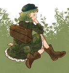  1girl backpack bag brown_eyes brown_footwear camouflage_dress curly_hair dress flat_cap frilled_dress frills green_dress green_hair green_headwear hand_on_own_chin hat head_rest multicolored_background musical_note signature smile toe_miyama touhou yamashiro_takane 