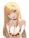  1girl absurdres bangs bikini black_bikini black_choker blonde_hair blush breast_squeeze breasts character_name choker cleavage collarbone earrings floral_print highres jewelry jhaysie kitagawa_marin large_breasts long_hair multiple_earrings necklace open_mouth parted_bangs red_eyes shiny shiny_skin simple_background smile solo sono_bisque_doll_wa_koi_wo_suru stud_earrings swimsuit upper_body very_long_hair white_background 