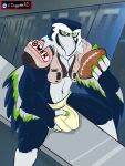  3:4 accipitrid accipitriform anthro athletic athletic_anthro athletic_male avian ball beak bench biceps bird blitz_the_seahawk blue_body blue_feathers bulge bulge_grab clothing feathers football_(ball) genital_outline green_eyes grey_body grey_feathers grin hi_res jockstrap locker_room male mascot maverickk_(artist) nfl penis_outline protective_gear seattle_seahawks smile solo underwear 